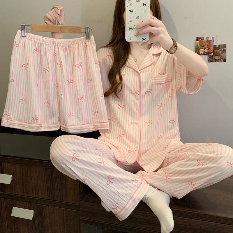 Women’s Korean Style Striped Bow 3-Piece Pajama Set