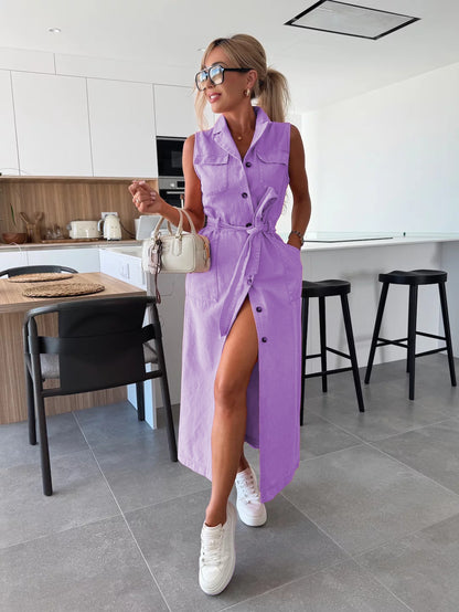 Women’s Sleeveless Lace-Up Waist Denim Dress