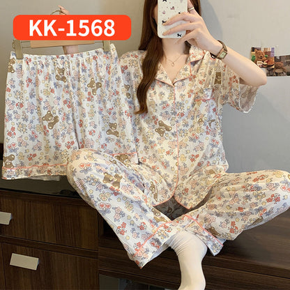 Women’s Korean Style Striped Bow 3-Piece Pajama Set