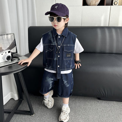 Boys’ Denim-Style Summer 3-Piece Outfit Set