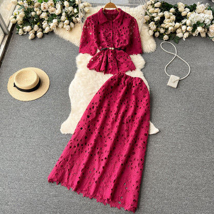 Women’s Ruffled Shirt & Pleated Midi Skirt Set
