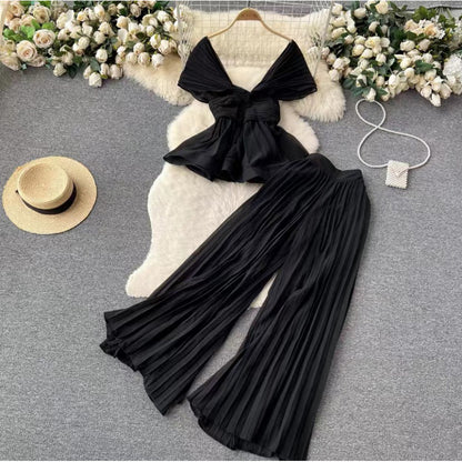 Women’s Pleated Chiffon Top & Wide-Leg Trousers Set
