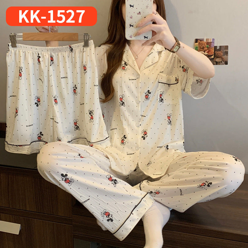 Women’s Korean Style Striped Bow 3-Piece Pajama Set