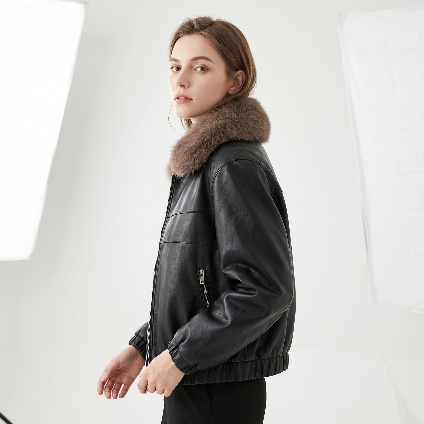 Women’s Fur Collar Leather Short Jacket