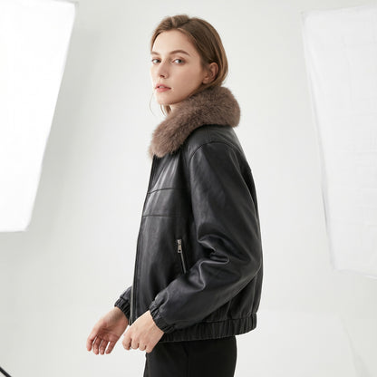 Women’s Fur Collar Leather Short Jacket