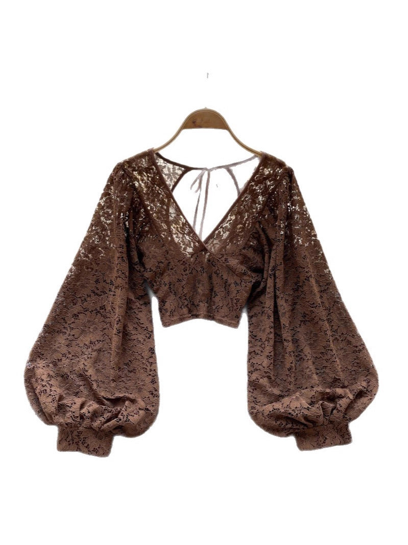 Women’s Lace-Up Open Back Lace Blouse