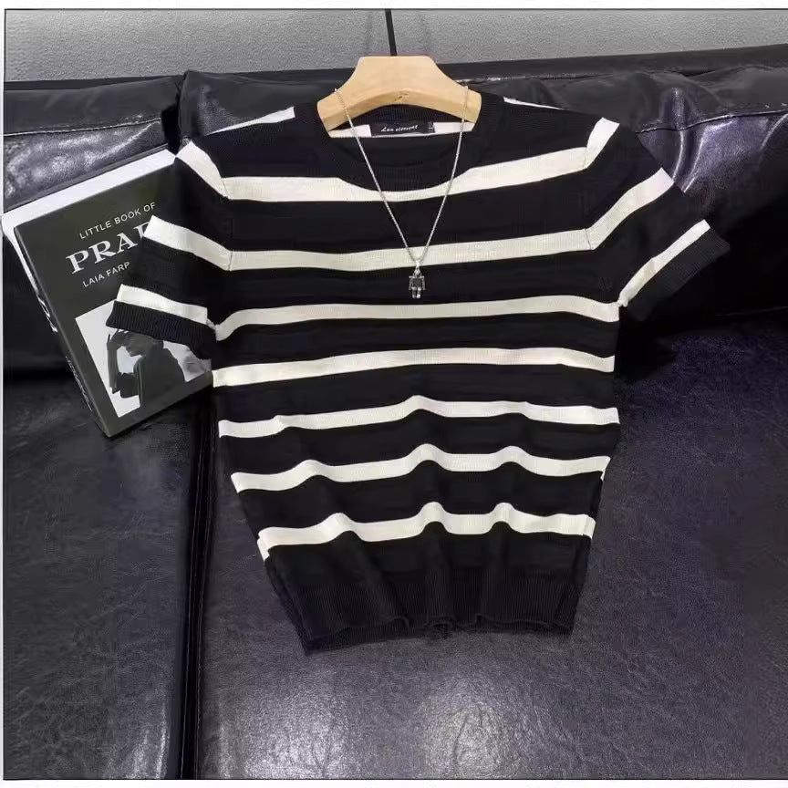 Men’s Ice Silk Striped Color-Block Knit T-Shirt