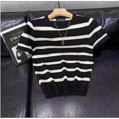 Men’s Ice Silk Striped Color-Block Knit T-Shirt