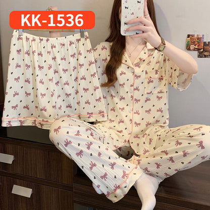 Women’s Korean Style Striped Bow 3-Piece Pajama Set