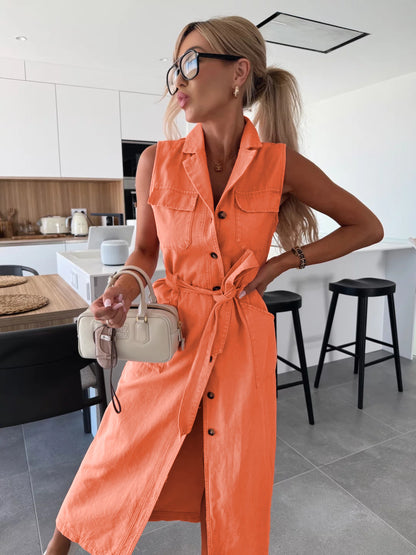 Women’s Sleeveless Lace-Up Waist Denim Dress