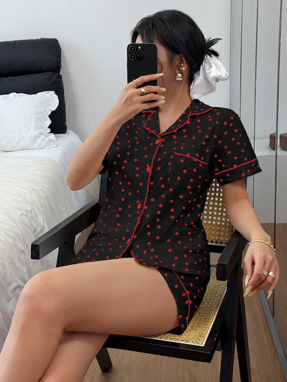 Women’s Cotton Heart Print Pajama Set with Cardigan
