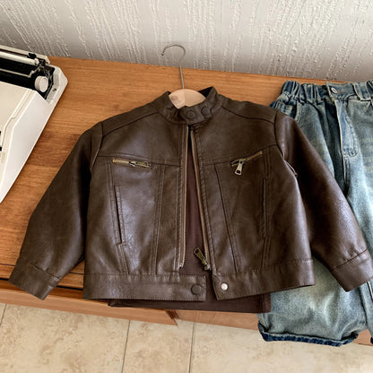 Kids’ Vintage Stand Collar Leather-Look Jacket