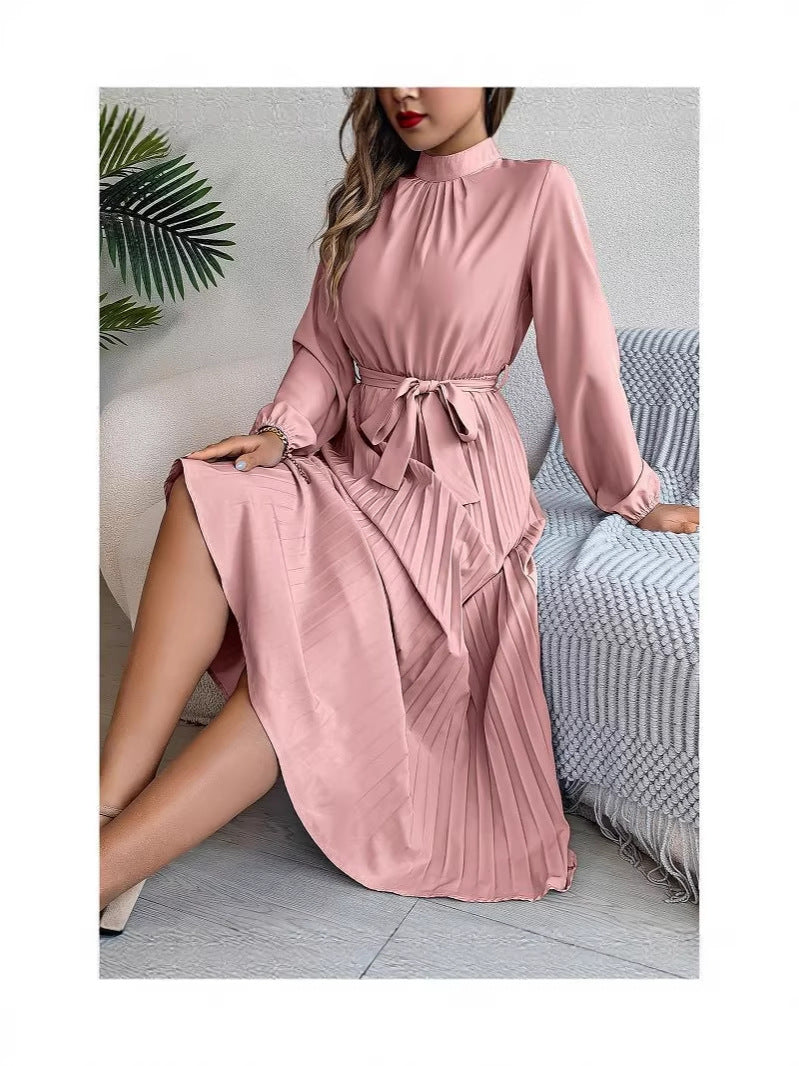 Women’s Elegant Pleated Stand Collar Long Gown