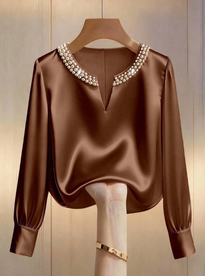 Women’s French Satin Pearl V-Neck Blouse
