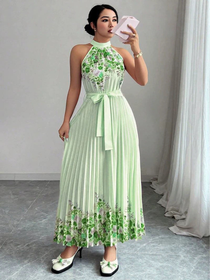 Women’s Elegant Floral Halter Pleated Maxi Dress