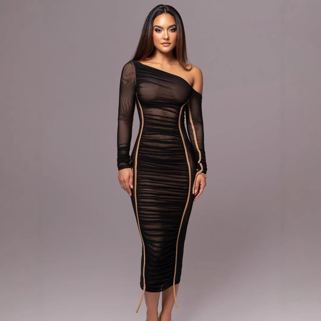 Women’s Mesh Patchwork Asymmetrical Pleated Midi Dress