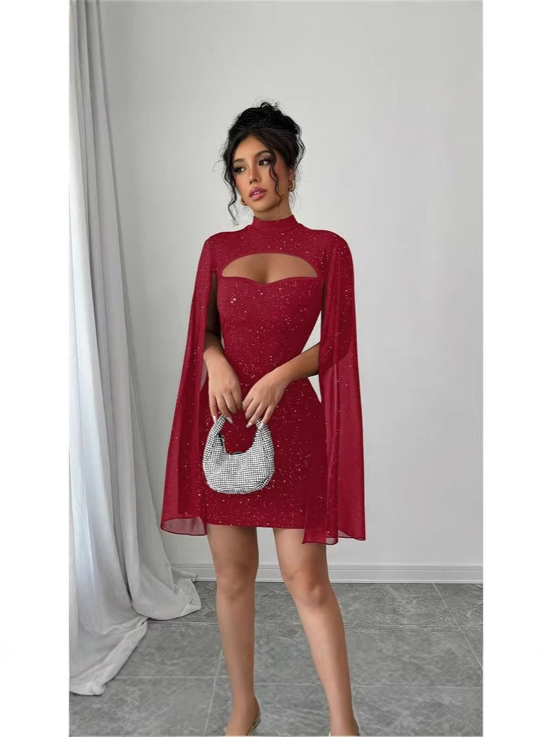 Women’s Gold-Embossed Shawl Sleeve Short Dress