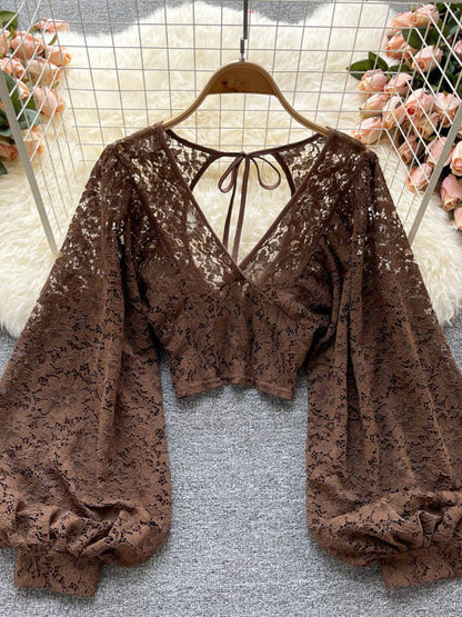 Women’s Lace-Up Open Back Lace Blouse