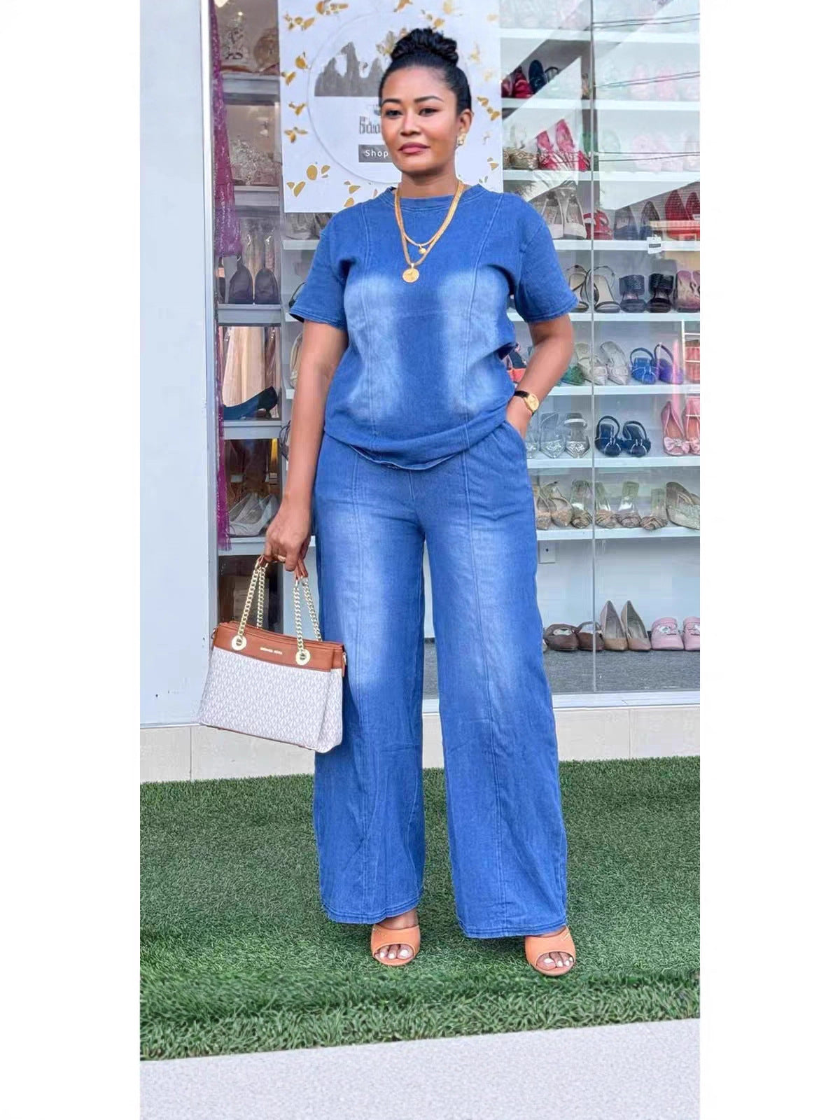 Women’s Washed Blue Denim Two-Piece Suit Set