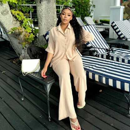 Women’s Casual Loose Shirt & Wide-Leg Pants Two-Piece Set