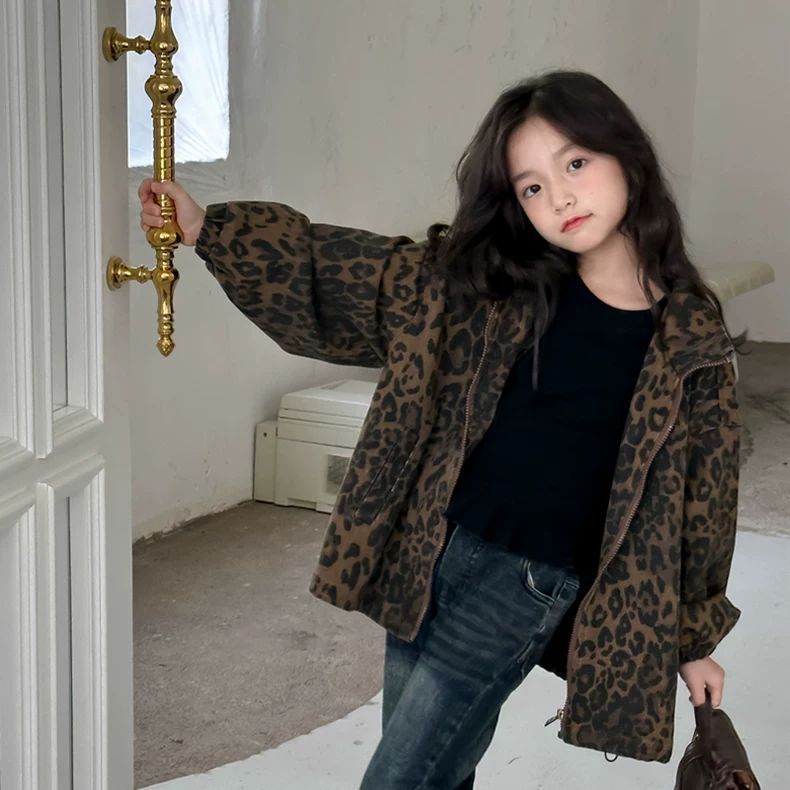 Girls’ Leopard Print Zip-Up Casual Jacket