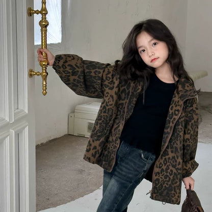 Girls’ Leopard Print Zip-Up Casual Jacket