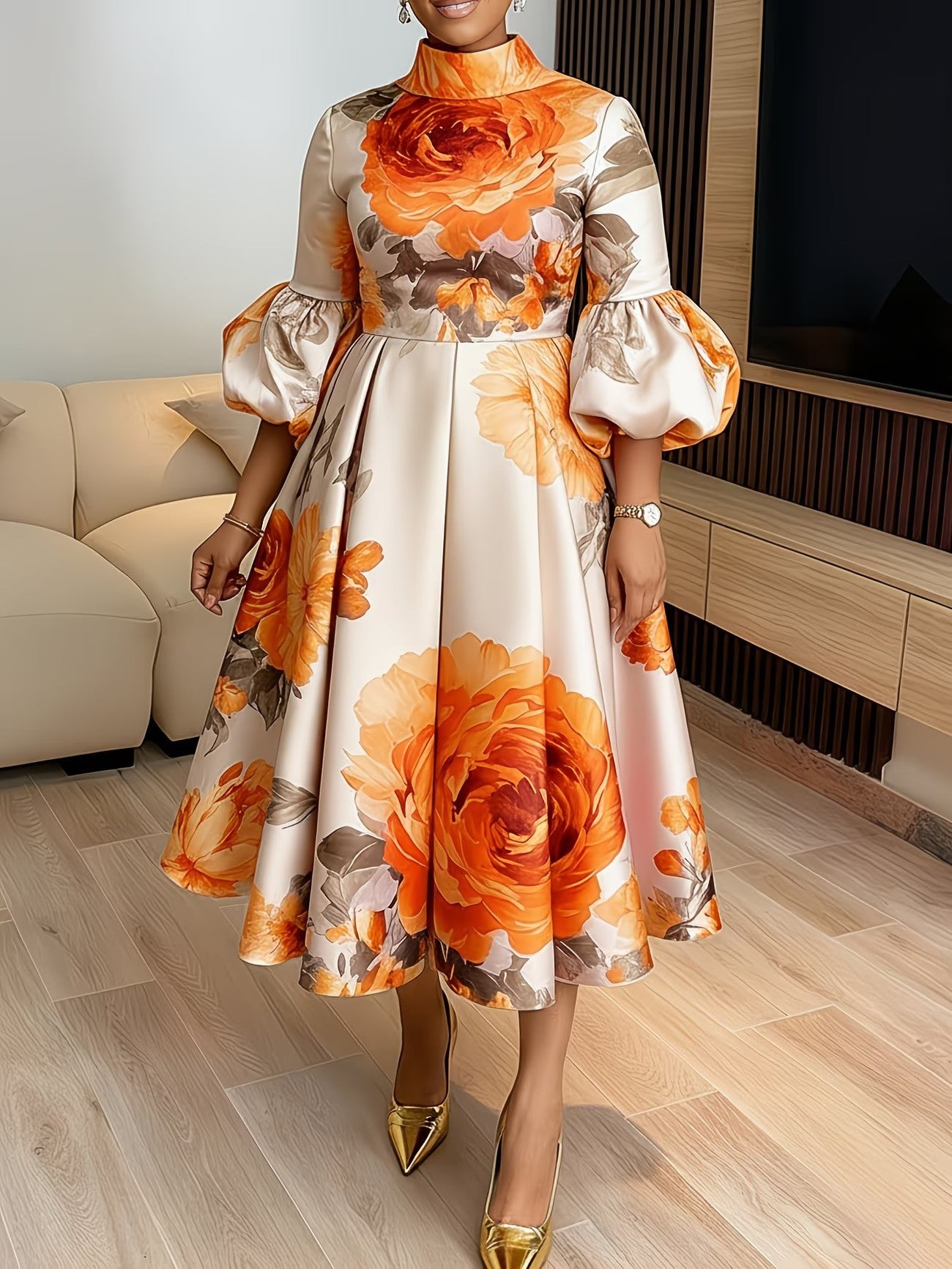 French Vintage Floral Puff Sleeve Dress