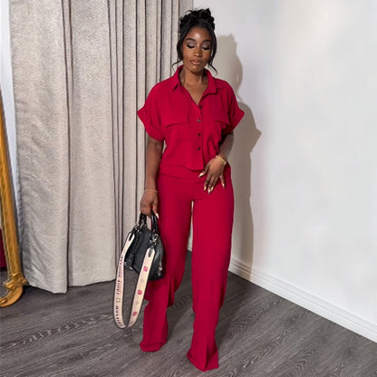 Women’s Lapel Short Sleeve Shirt & Wide Leg Pants Set