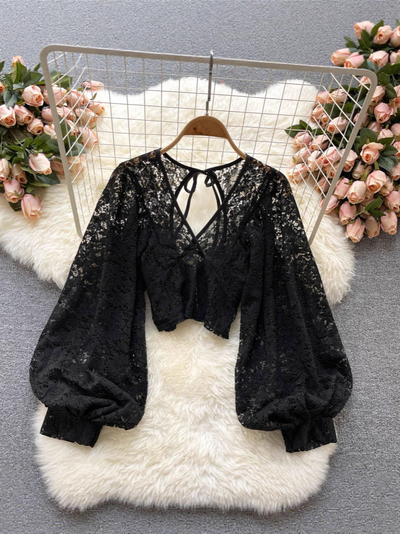 Women’s Lace-Up Open Back Lace Blouse