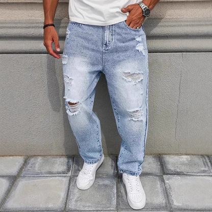 Men’s Light Blue Distressed Straight-Leg Jeans