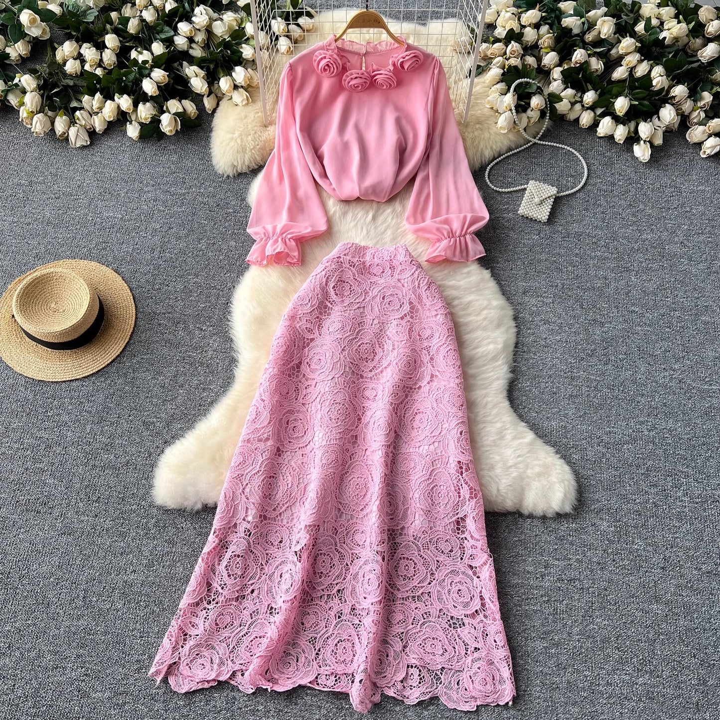 Women’s Floral Blouse & Lace Midi Skirt Set