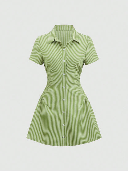 Women’s Puff Sleeve V-Neck Pleated Shirt Dress