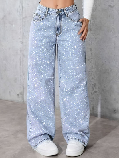 Women’s Rhinestone Washed Wide-Leg Jeans