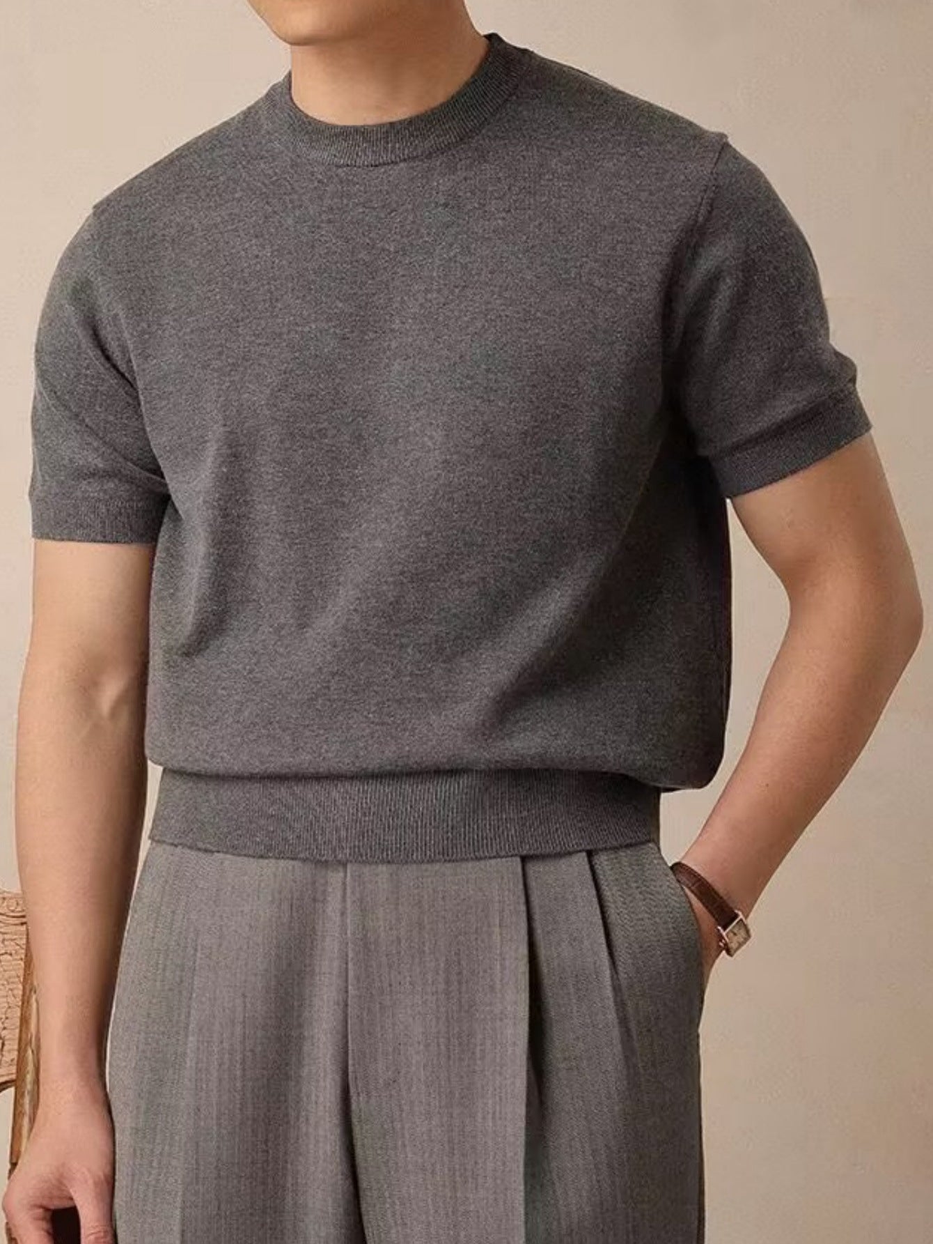 Men’s Korean Style Ice Silk Knitted Crew Neck T-Shirt