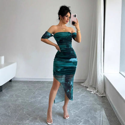 Women’s Off-Shoulder Tie-Dye Mesh Slit Pencil Dress