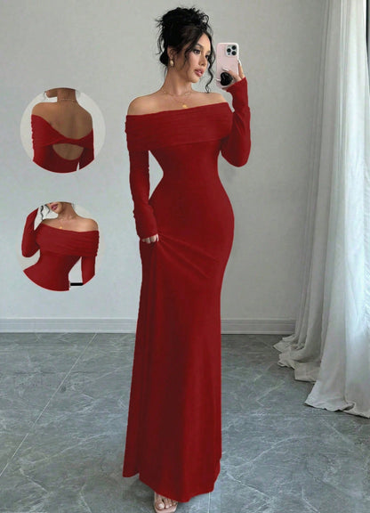 Women’s Off-Shoulder Cross-Back Evening Maxi Dress