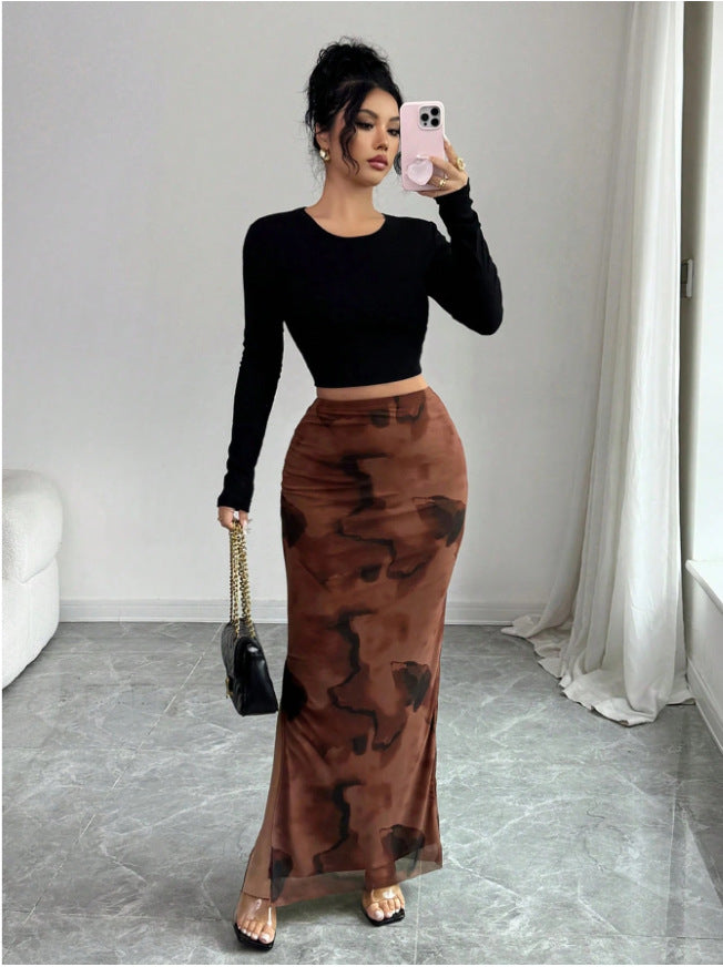 Women’s High-Waist Mesh Slit Midi Skirt
