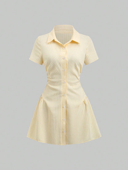 Women’s Puff Sleeve V-Neck Pleated Shirt Dress