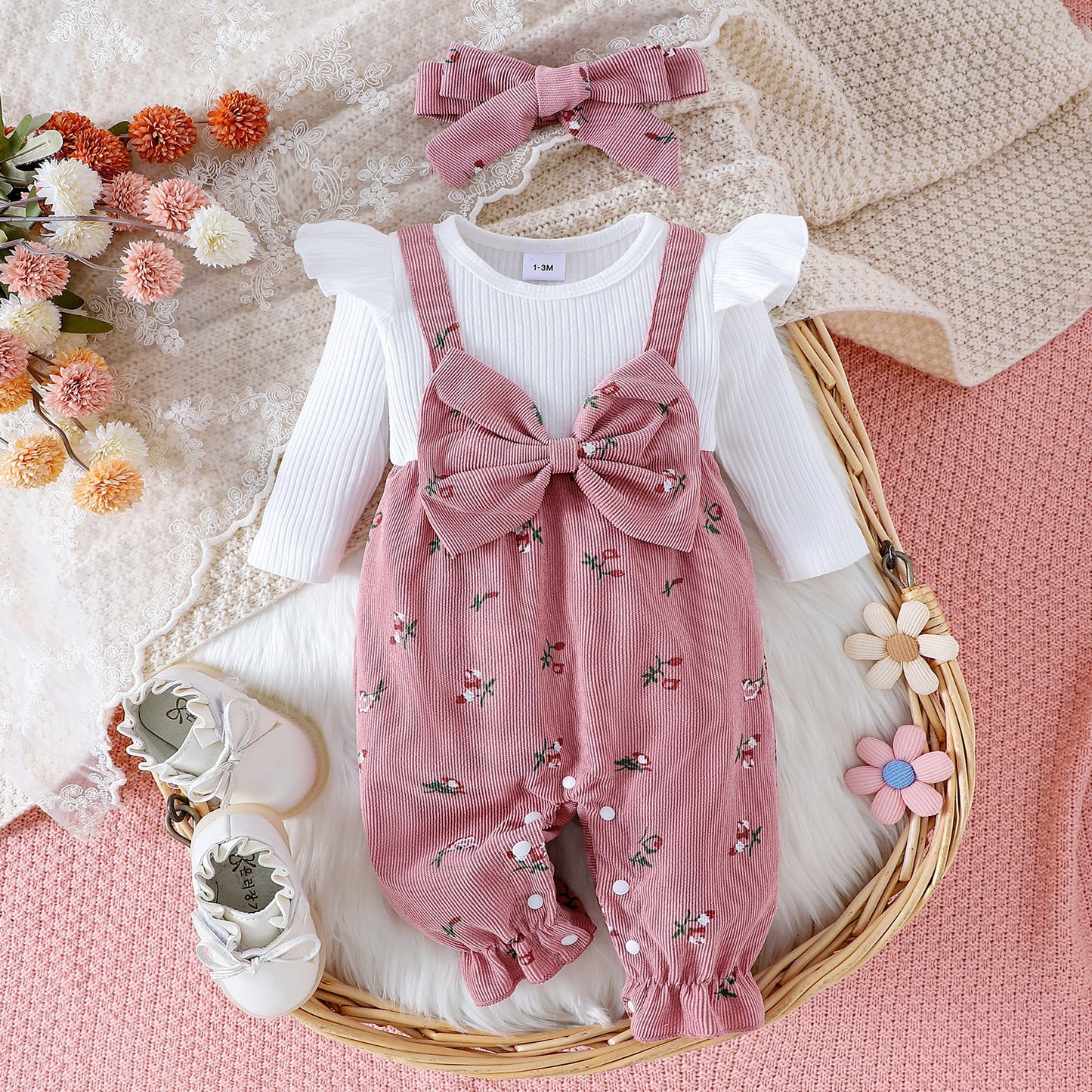 Baby Girls’ Headband, Top & Overall 3-Piece Set