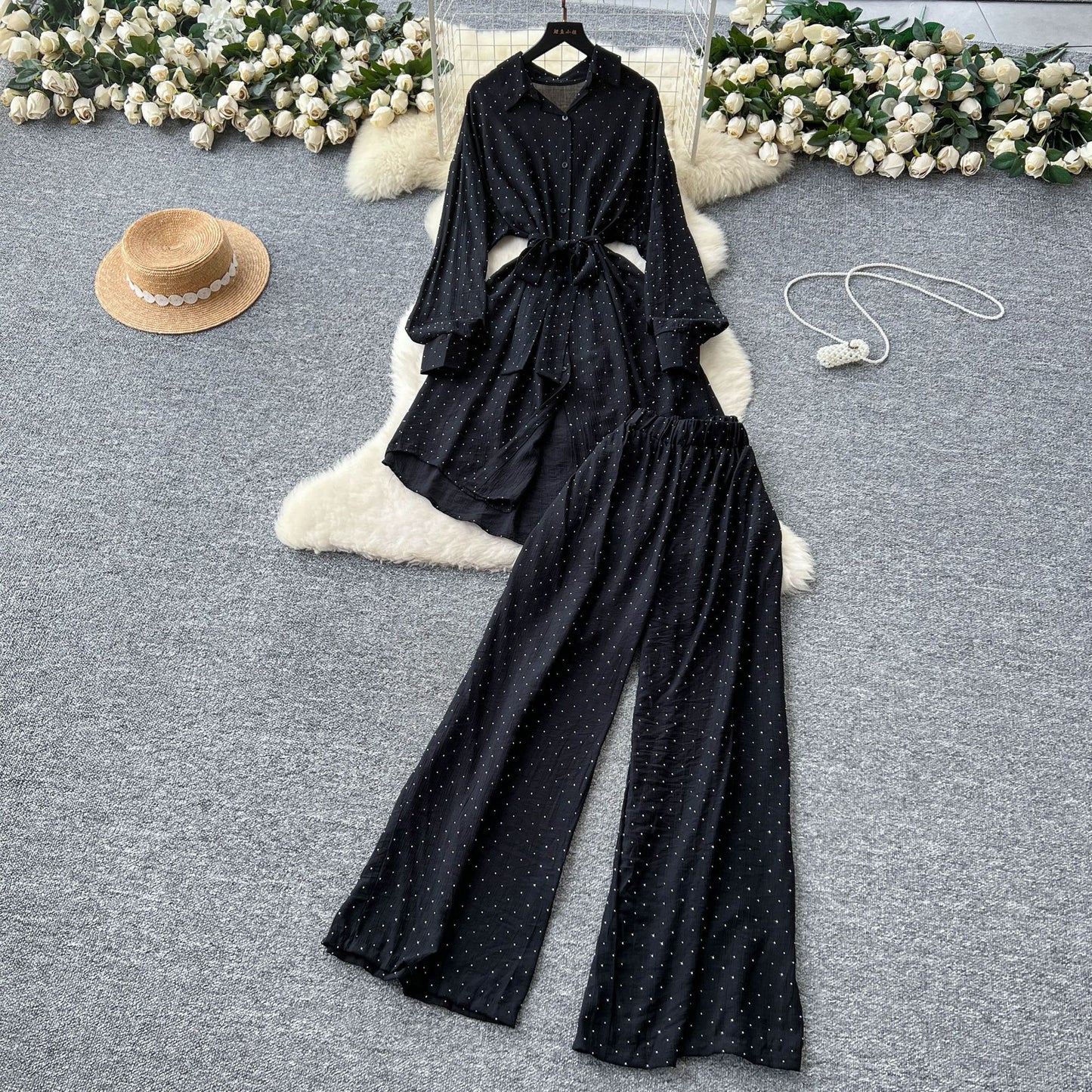 Women’s Rhinestone Shirt & Wide-Leg Pants Set