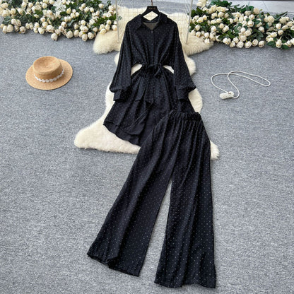 Women’s Rhinestone Shirt & Wide-Leg Pants Set