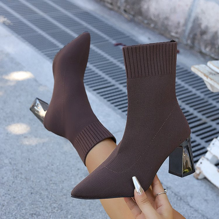 Women’s Pointed-Toe Knit Sock Ankle Boots
