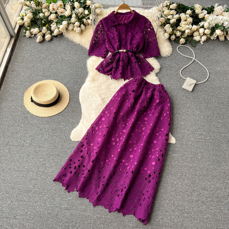 Women’s Ruffled Shirt & Pleated Midi Skirt Set