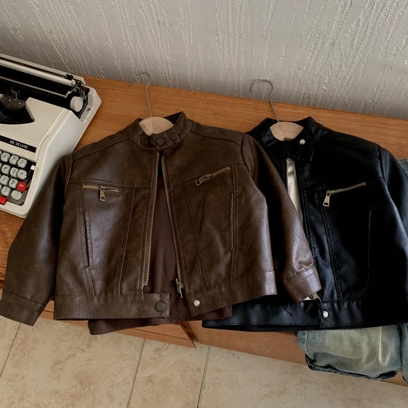 Kids’ Vintage Stand Collar Leather-Look Jacket