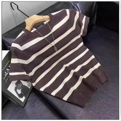 Men’s Ice Silk Striped Color-Block Knit T-Shirt