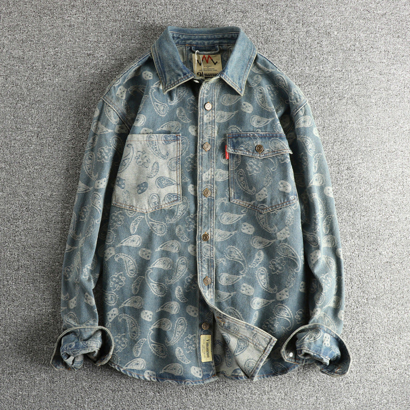 Men’s Retro Yarn-Dyed Floral Denim Shirt Jacket