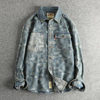 Men’s Retro Yarn-Dyed Floral Denim Shirt Jacket