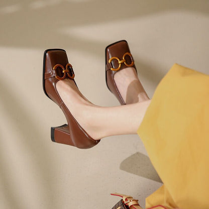 Women’s Vintage Square-Toe Chunky Heel Pumps