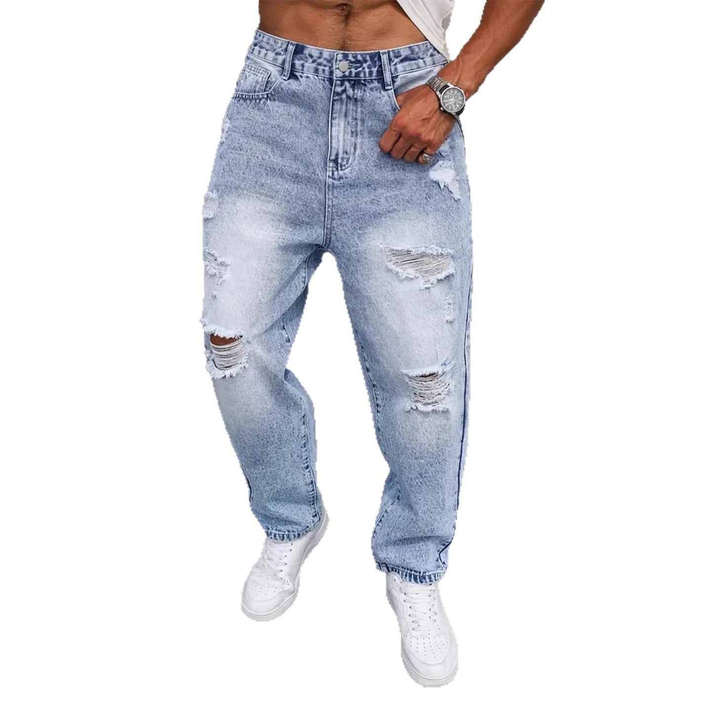 Men’s Light Blue Distressed Straight-Leg Jeans