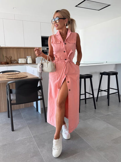 Women’s Sleeveless Lace-Up Waist Denim Dress